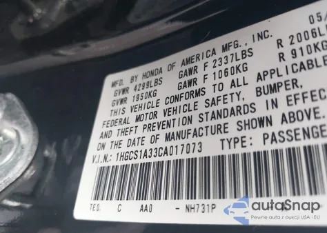 2012 Honda Accord 2.4 Lx-S from USA, damaged, VIN 1HGCS1A33CA017073